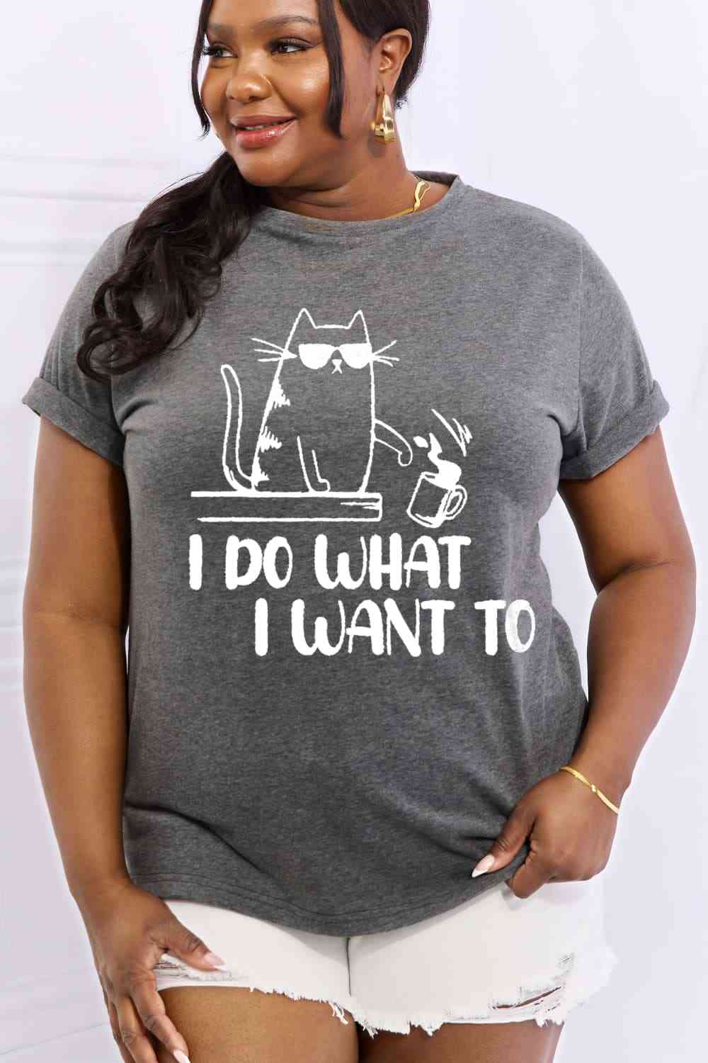 Simply Love Full Size I DO WHAT I WANT TO Graphic Cotton Tee Charcoal Women's T-Shirts - Tophatter Daily Deals