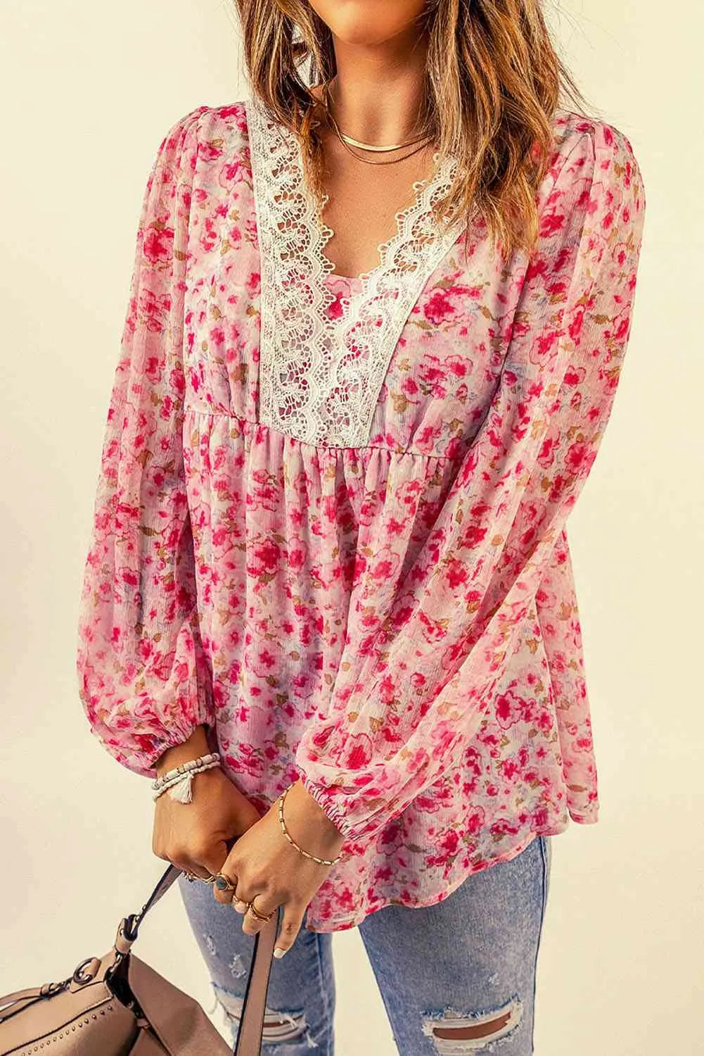 Floral Lace Trim Balloon Sleeve Blouse Blouses - Tophatter Daily Deals