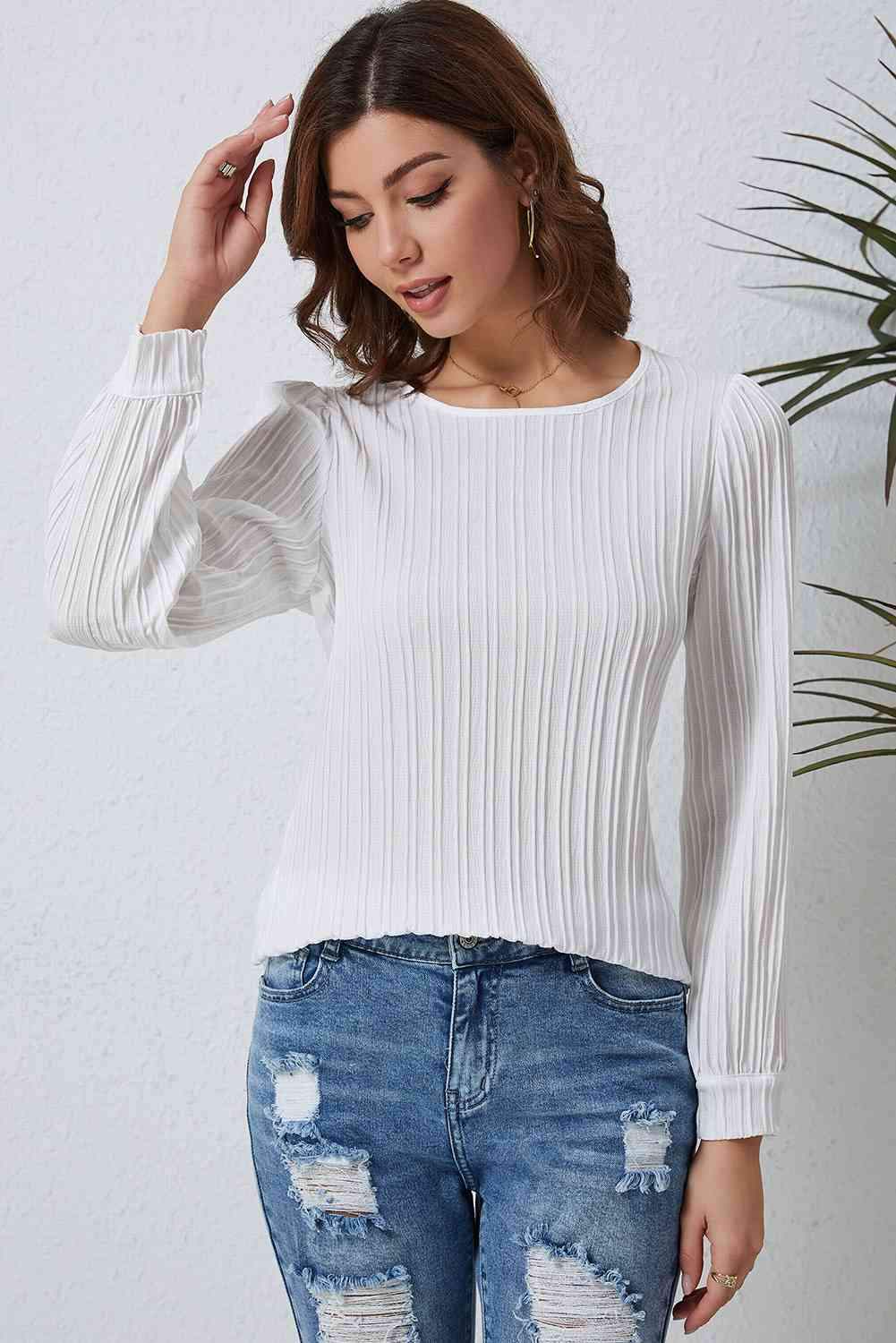 Double Take Ribbed Round Neck Long Sleeve Top Blouses - Tophatter Daily Deals