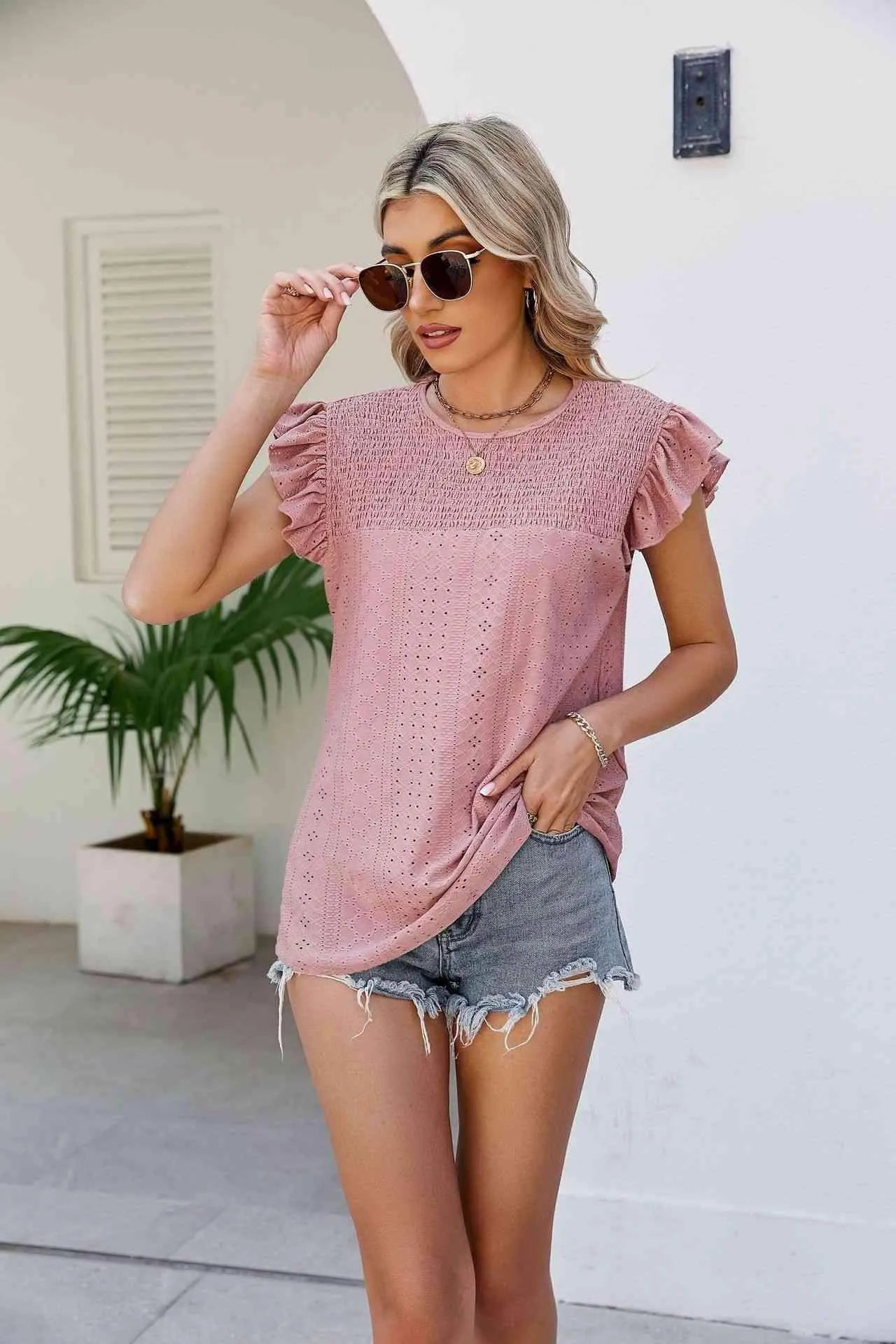Smocked Round Neck Flutter Sleeve Top Blouses - Tophatter Daily Deals