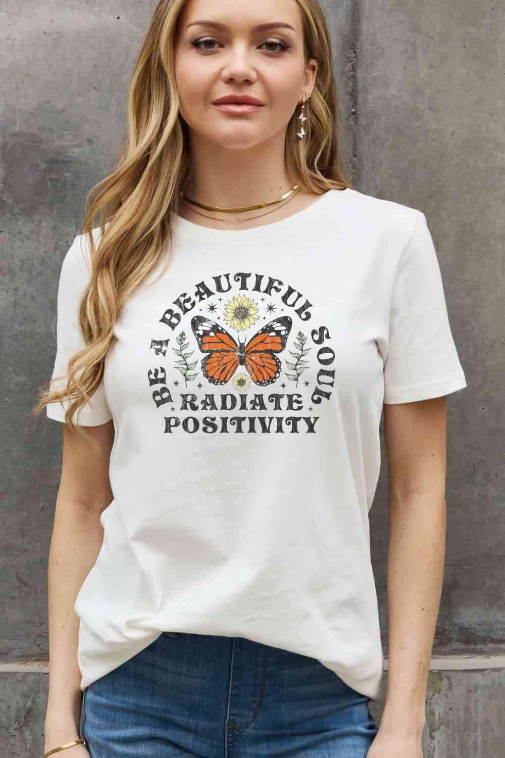 Simply Love Full Size BE A BEAUTIFUL SOUL RADIATE POSITIVITY Graphic Cotton Tee Bleach Women's T-Shirts - Tophatter Daily Deals