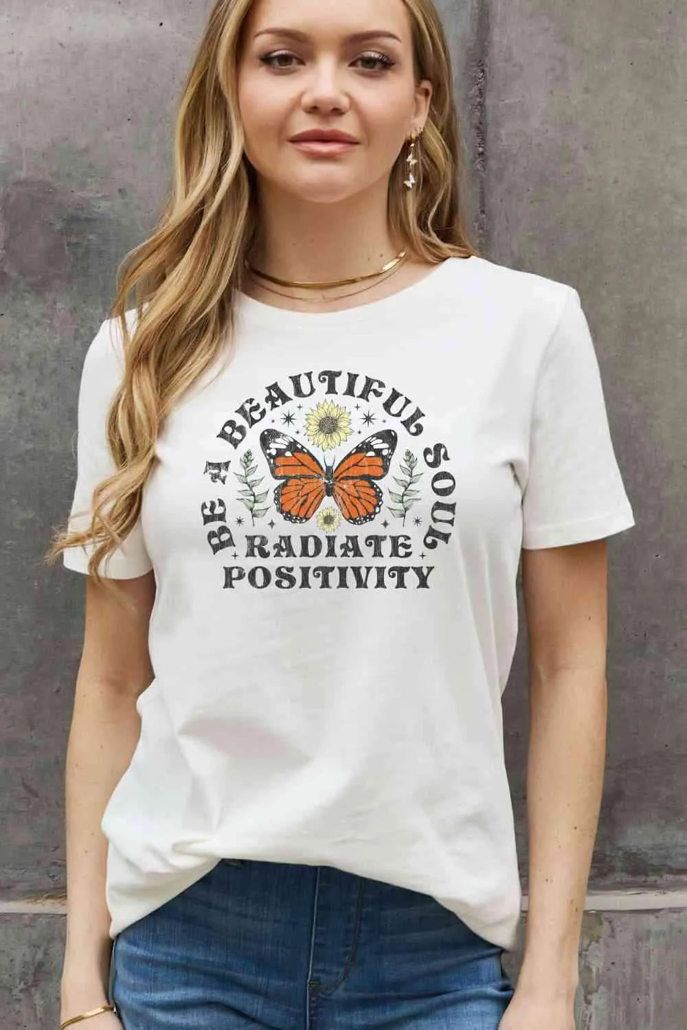 Simply Love Full Size BE A BEAUTIFUL SOUL RADIATE POSITIVITY Graphic Cotton Tee Bleach Women's T-Shirts - Tophatter Daily Deals