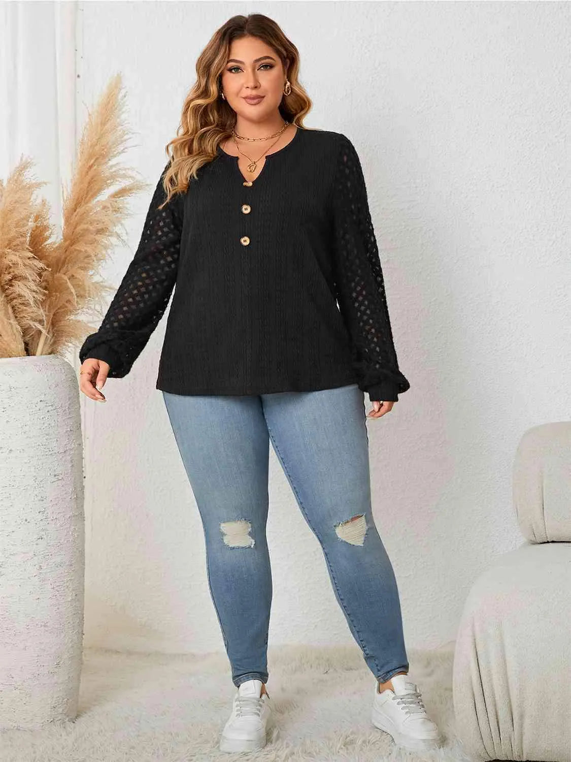 Plus Size Openwork Notched Button Front Blouse Blouses - Tophatter Daily Deals