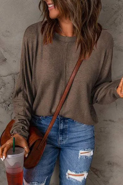 Seam Detail Round Neck Long Sleeve Top Women's T-Shirts - Tophatter Daily Deals
