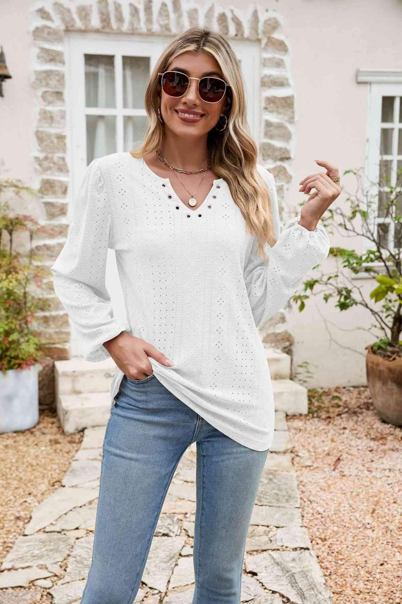 Eyelet Notched Neck Balloon Sleeve Blouse White Blouses - Tophatter Daily Deals