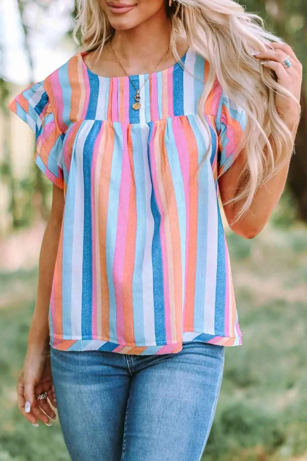 Multicolored Stripe Flutter Sleeve Blouse Blouses - Tophatter Daily Deals