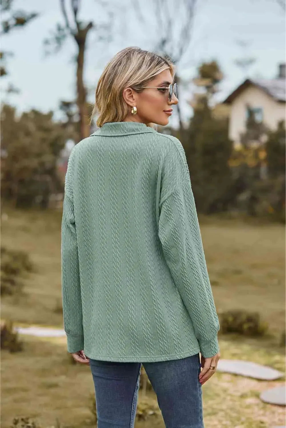 Collared Neck Cable-Knit Long Sleeve Blouse Blouses - Tophatter Daily Deals