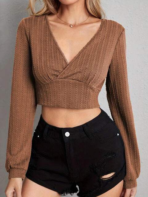 V Neck Crop Top Tan Blouses - Tophatter Daily Deals