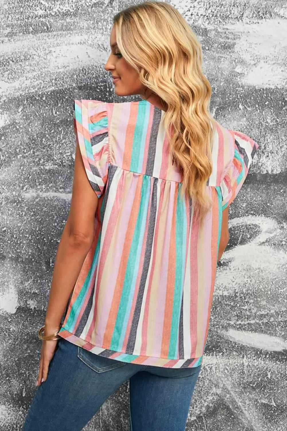 Multicolored Stripe Flutter Sleeve Blouse Blouses - Tophatter Daily Deals