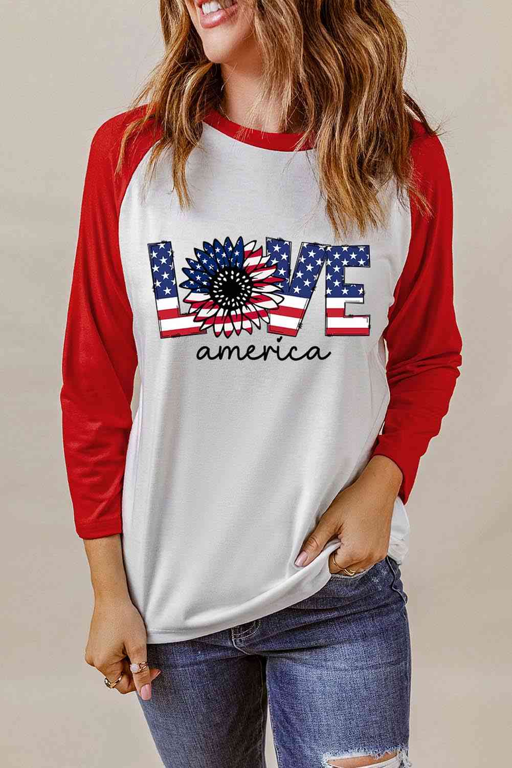 Raglan Sleeve Round Neck LOVE AMERICA Graphic Tee Red Women's T-Shirts - Tophatter Daily Deals