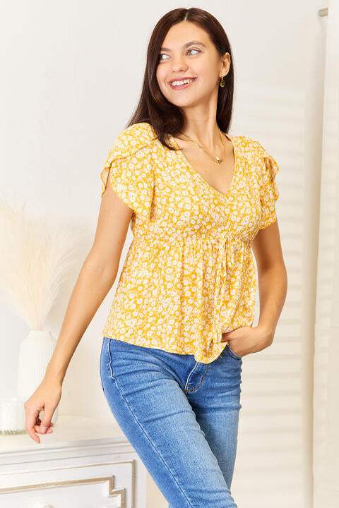 Double Take Floral Petal Sleeve Babydoll Top Blouses - Tophatter Daily Deals