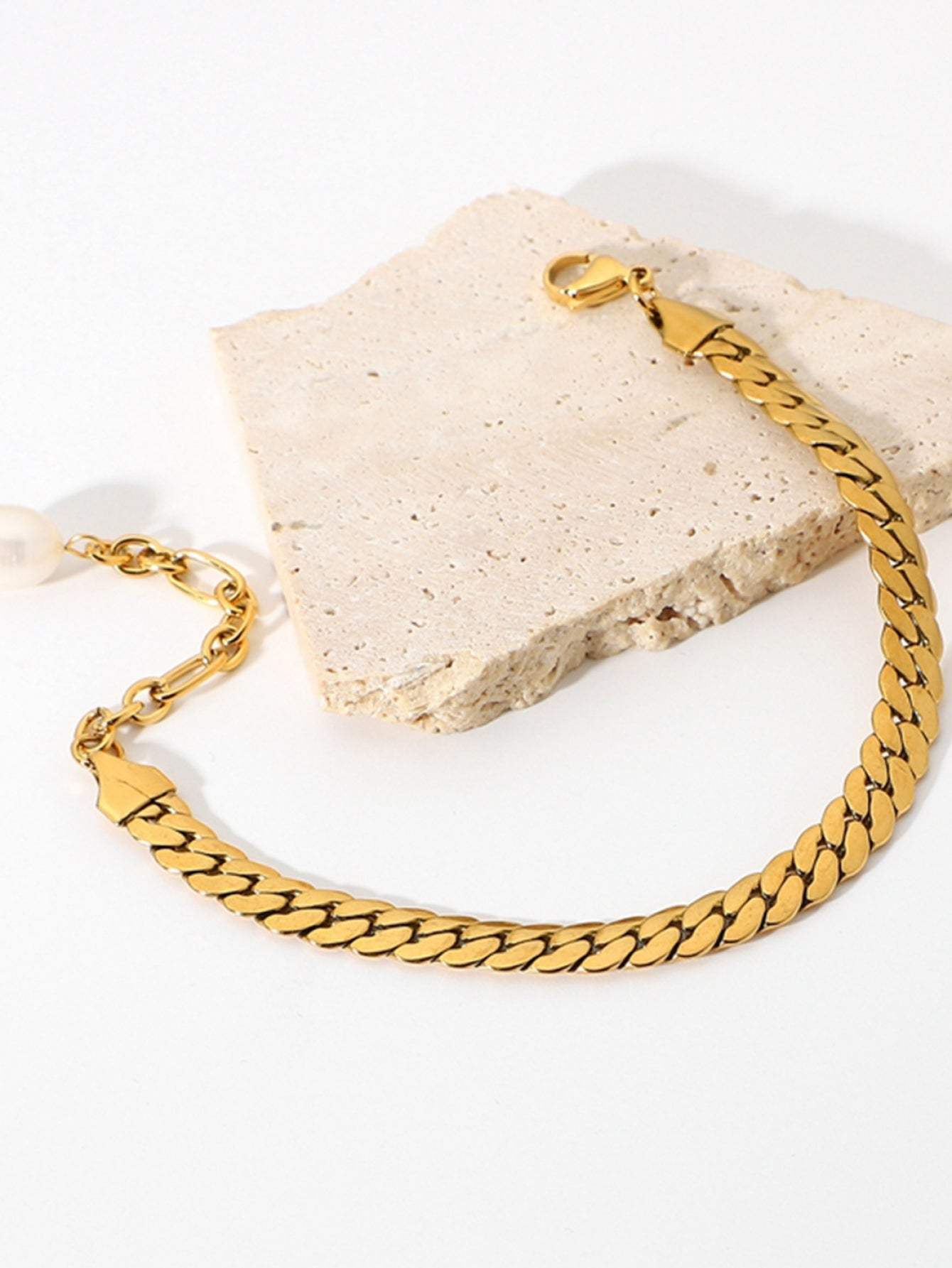 Thick Curb Stainless Steel Chain Bracelet with Pearl Bracelets - Tophatter Daily Deals