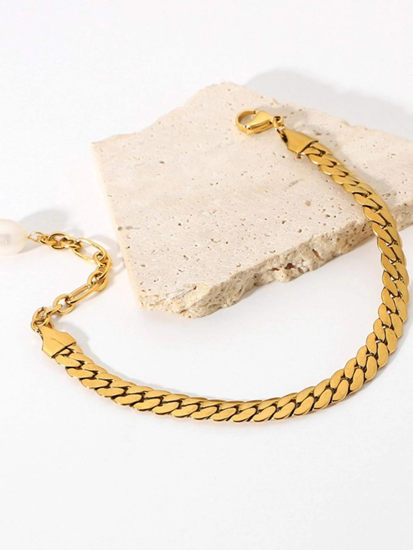 Thick Curb Stainless Steel Chain Bracelet with Pearl Bracelets - Tophatter Daily Deals