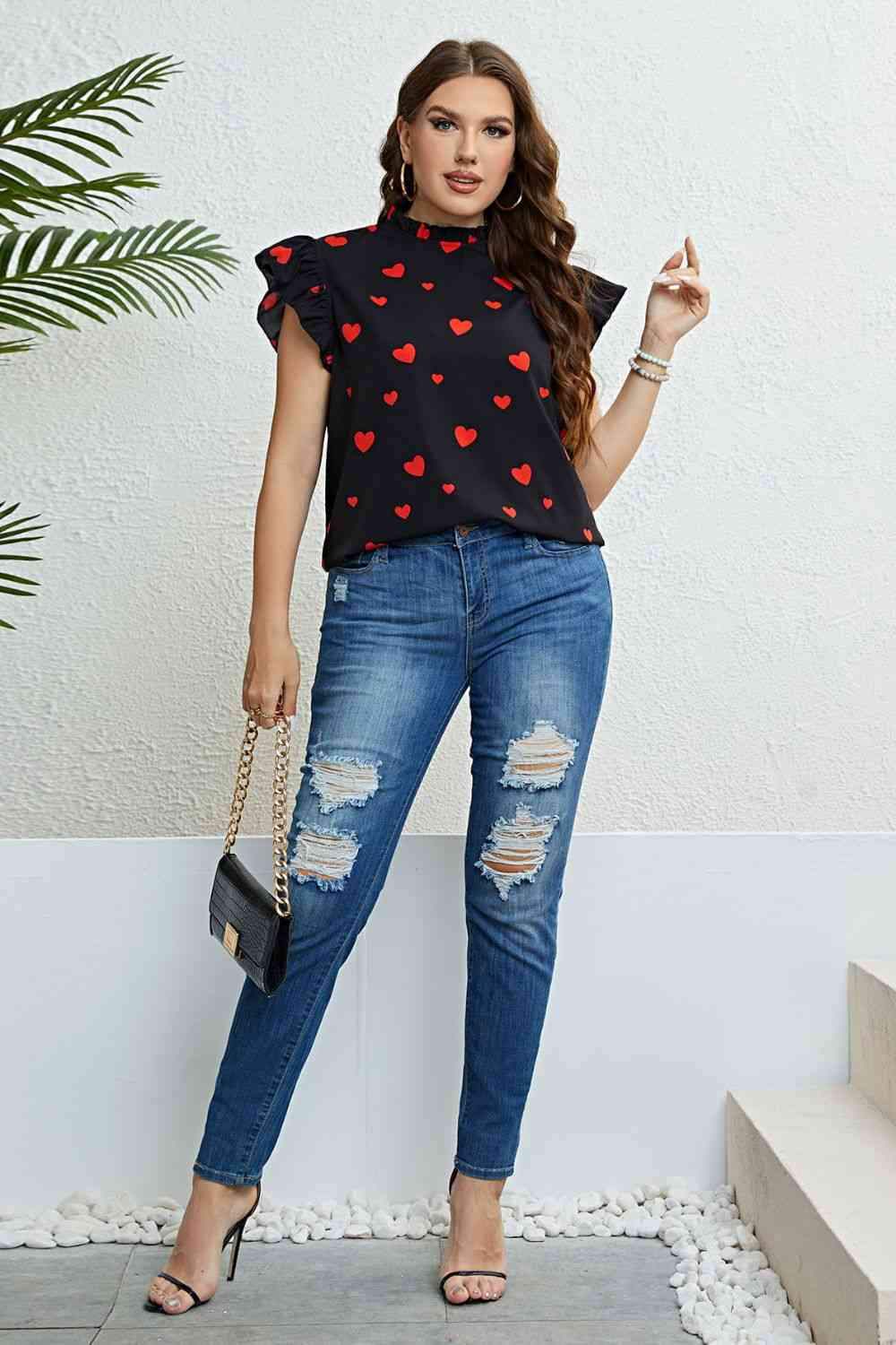 Plus Size Heart Print Butterfly Sleeve Mock Neck Top Blouses - Tophatter Daily Deals