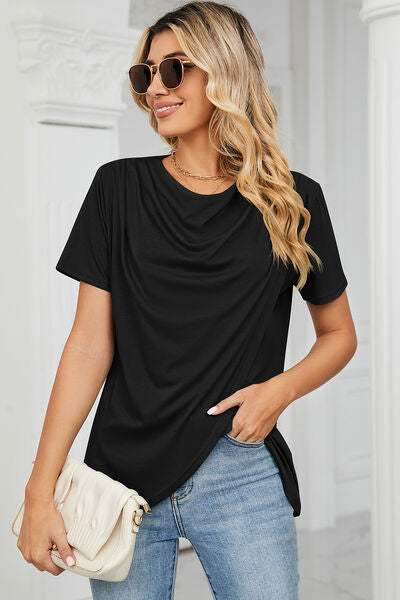 Cowl Neck Short Sleeve T-Shirt Black Women's T-Shirts - Tophatter Daily Deals