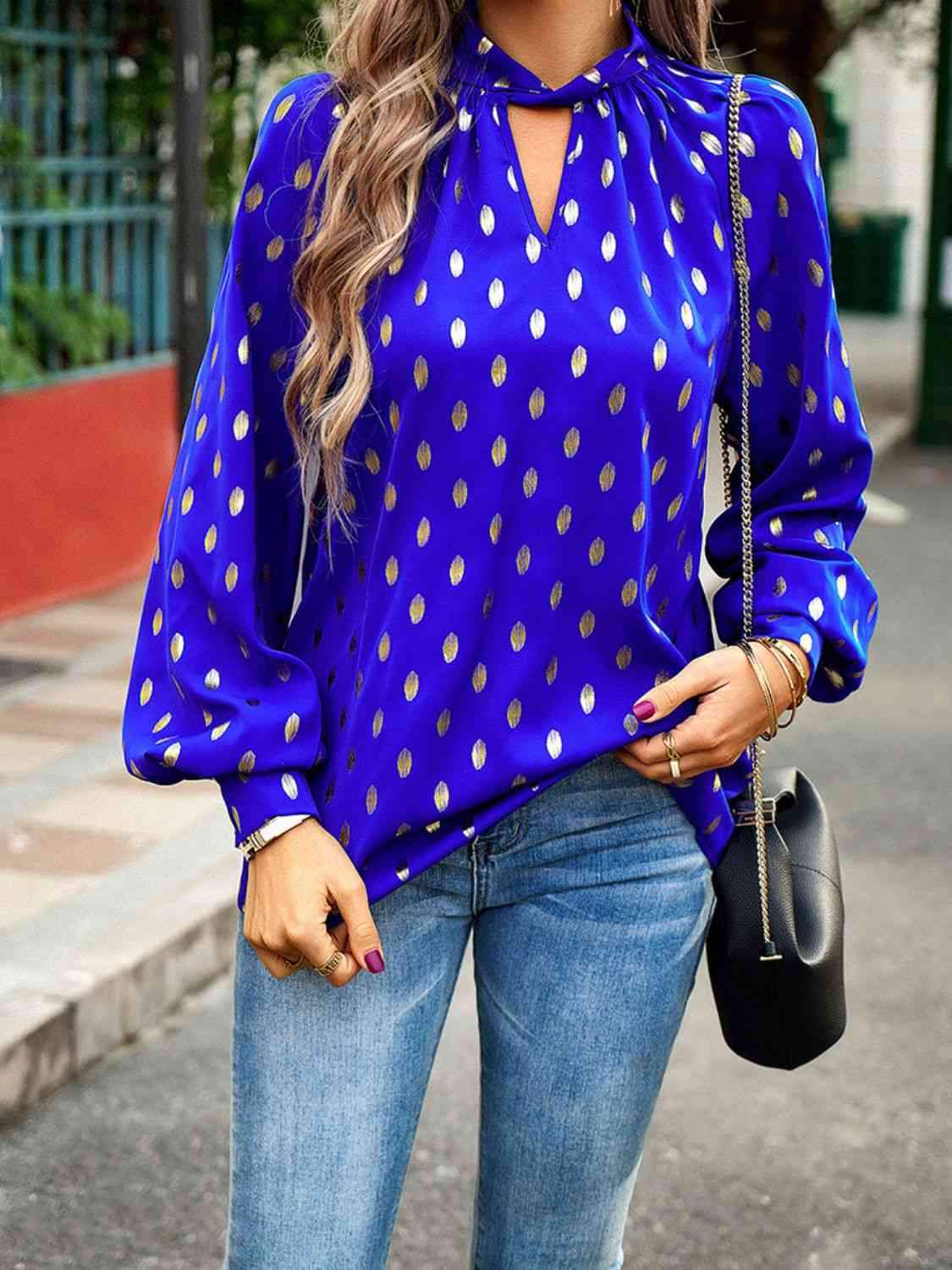 Mock Neck Cutout Lantern Sleeve Blouse Royal Blue Blouses - Tophatter Daily Deals