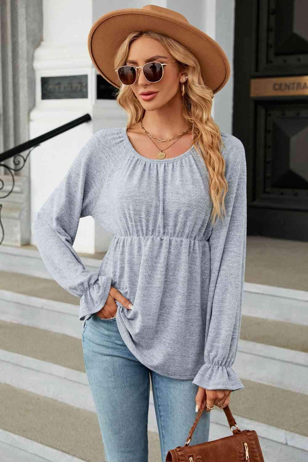 Round Neck Flounce Sleeve Blouse Blouses - Tophatter Daily Deals