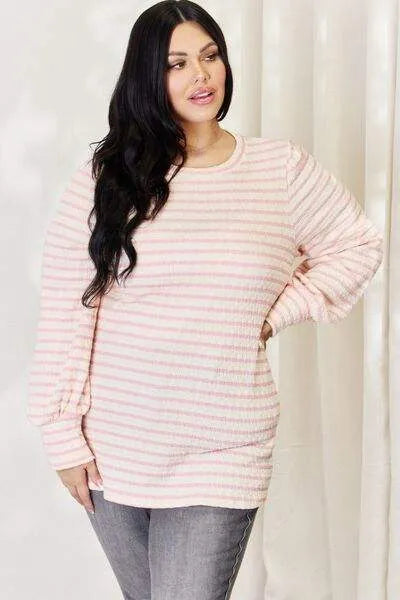 Celeste Full Size Long Bishop Sleeve Striped Top Blouses - Tophatter Daily Deals
