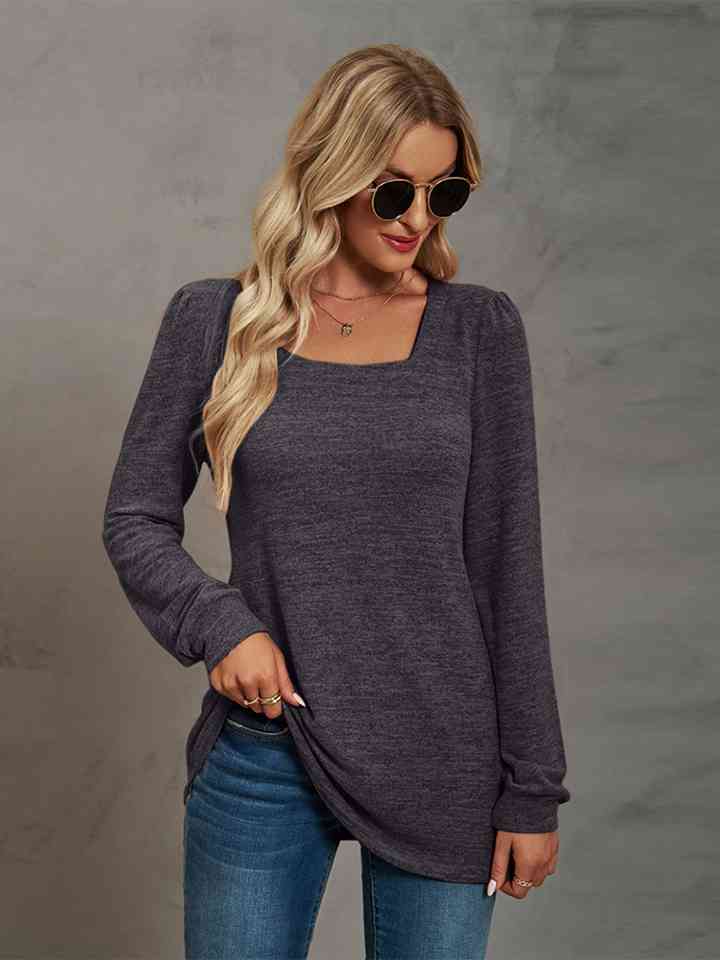 Heathered Square Neck Long Sleeve T-Shirt Women's T-Shirts - Tophatter Daily Deals