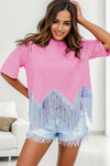 Fringe Round Neck Short Sleeve T-Shirt Women's T-Shirts - Tophatter Daily Deals