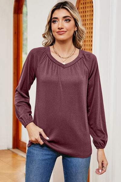 Ruched V-Neck Raglan Sleeve T-Shirt Women's T-Shirts - Tophatter Daily Deals