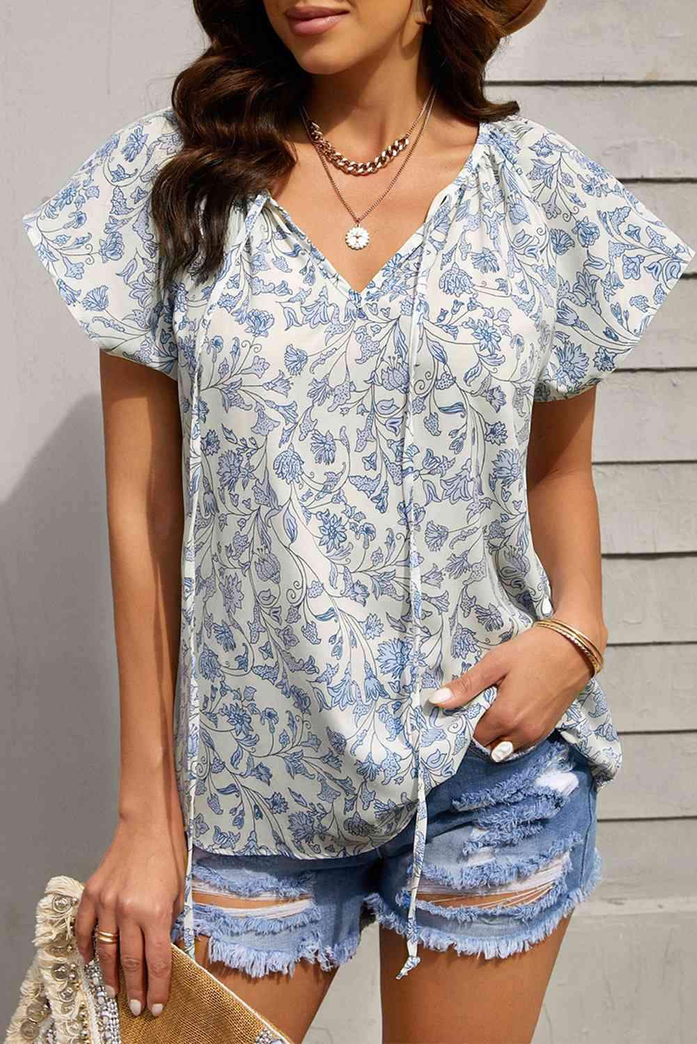Floral Flutter Sleeve Tie-Neck Blouse Sky Blue Blouses - Tophatter Daily Deals