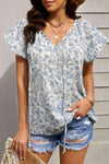 Floral Flutter Sleeve Tie-Neck Blouse Sky Blue Blouses - Tophatter Daily Deals