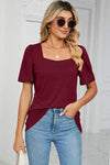 Square Neck Short Sleeve T-Shirt Wine Women's T-Shirts - Tophatter Daily Deals