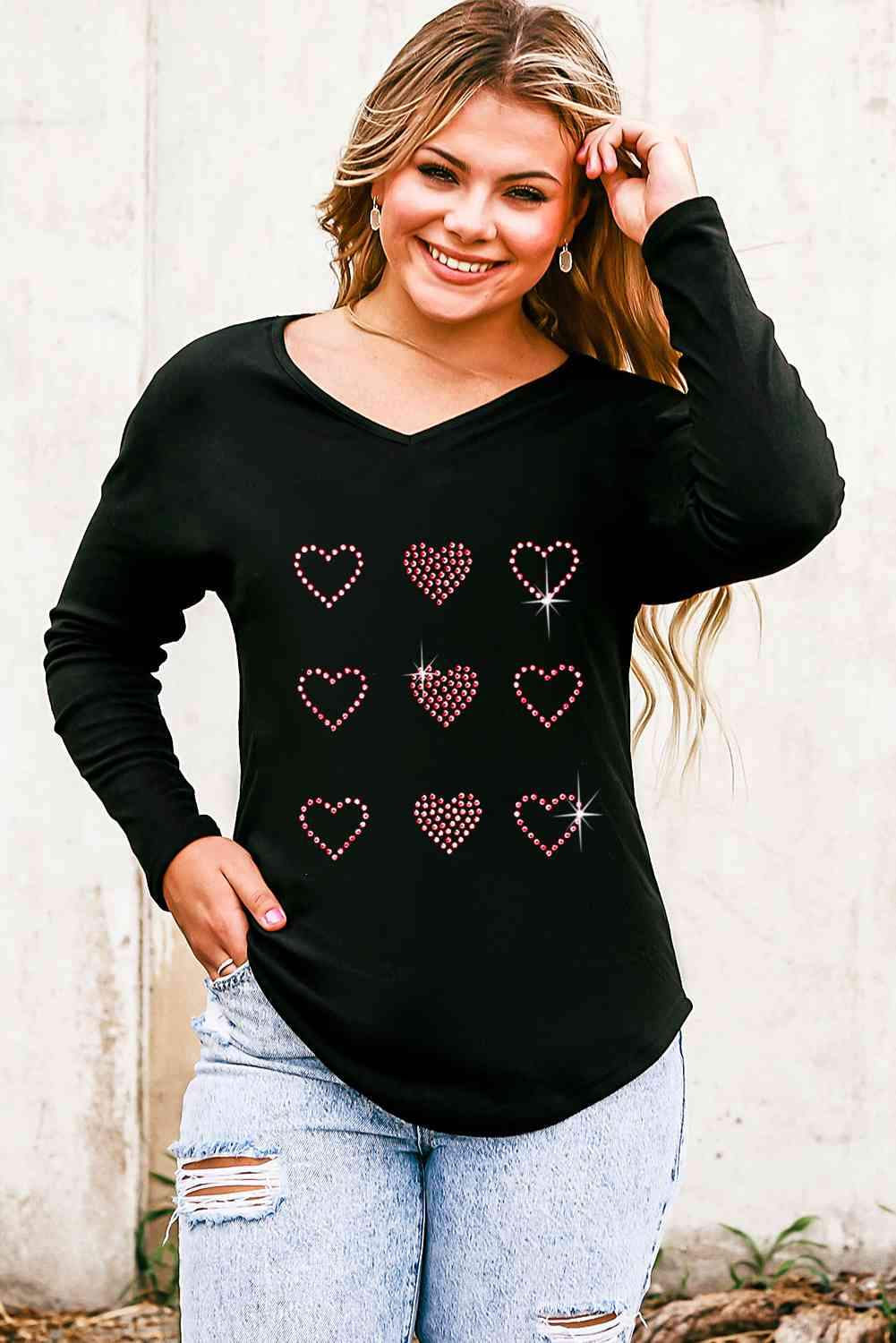 Heart V-Neck Long Sleeve Tee Women's T-Shirts - Tophatter Daily Deals