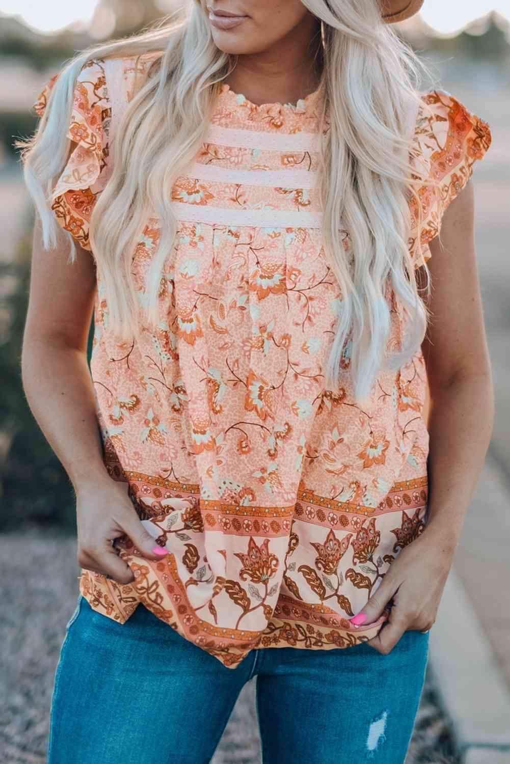 Floral Flutter Sleeve Sleeveless Blouse Blouses - Tophatter Daily Deals