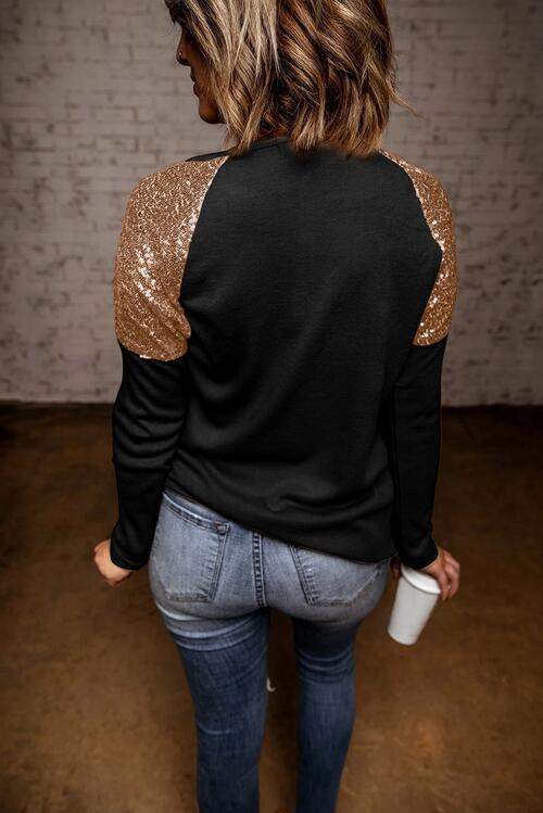 BELIEVE Sequin Long Sleeve Round Neck Blouse Blouses - Tophatter Daily Deals