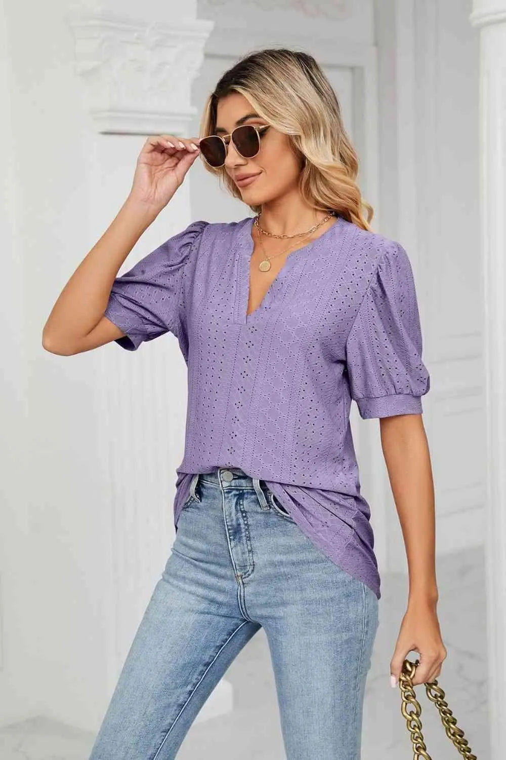 Eyelet Short Puff Sleeve Notched Neck Top Blouses - Tophatter Daily Deals