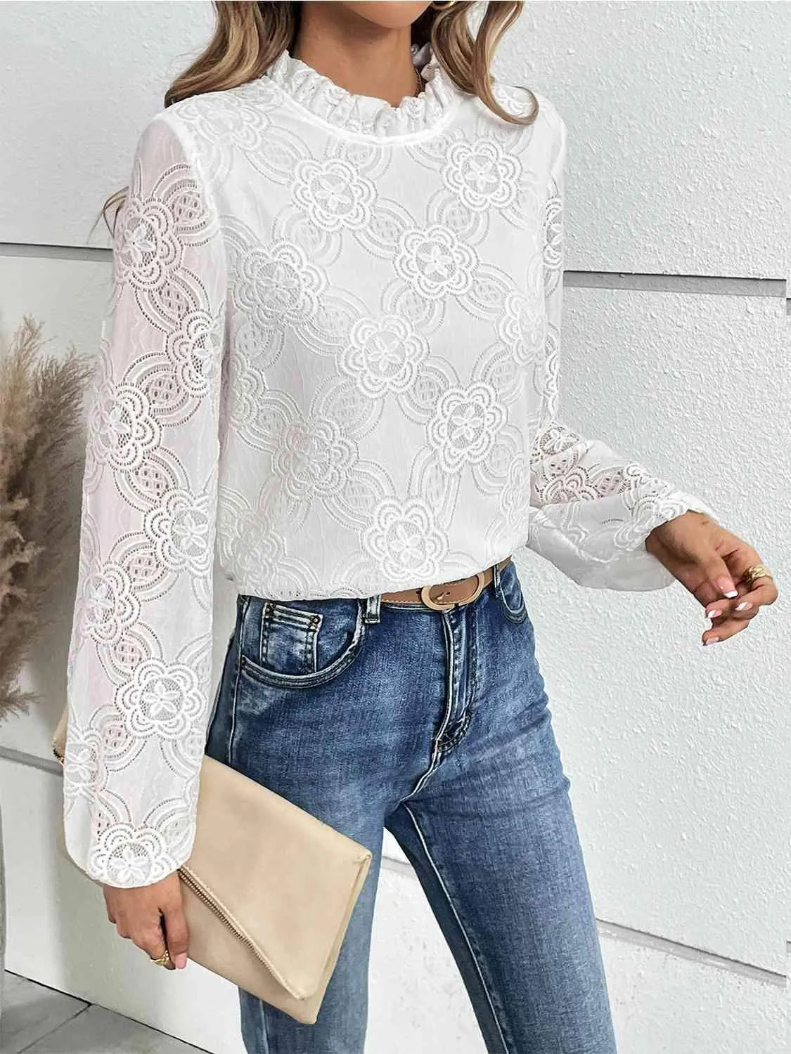 Eyelet Round Neck Long Sleeve Blouse Blouses - Tophatter Daily Deals