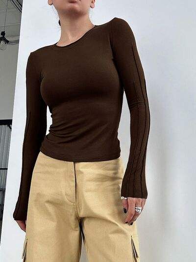 Round Neck Long Sleeve T-Shirt Chocolate Women's T-Shirts - Tophatter Daily Deals