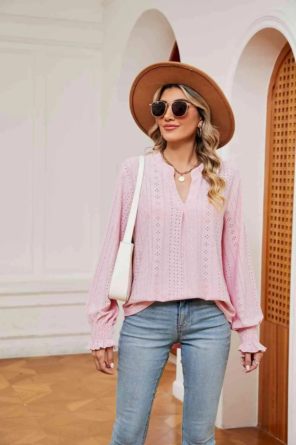 Notched Neck Flounce Sleeve Blouse Blouses - Tophatter Daily Deals