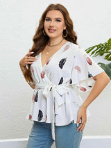 Feather Print Tied Flutter Sleeve Blouse Blouses - Tophatter Daily Deals