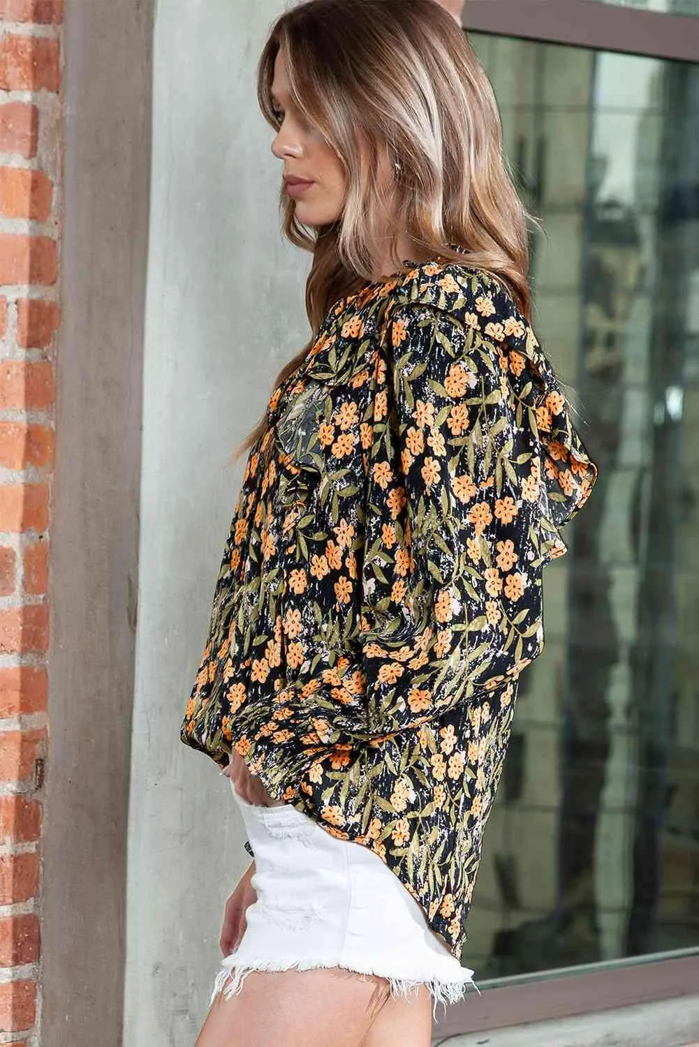Printed Butterfly Sleeve Tie Neck Blouse Blouses - Tophatter Daily Deals