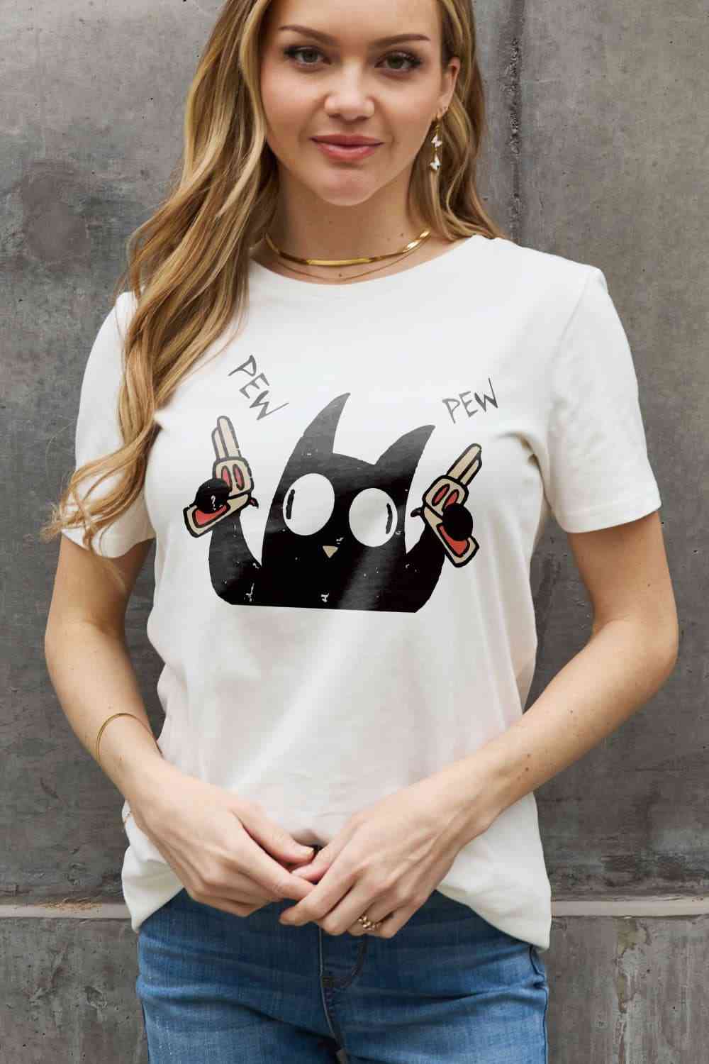 Simply Love Full Size PEW PEW Graphic Cotton Tee Women's T-Shirts - Tophatter Daily Deals