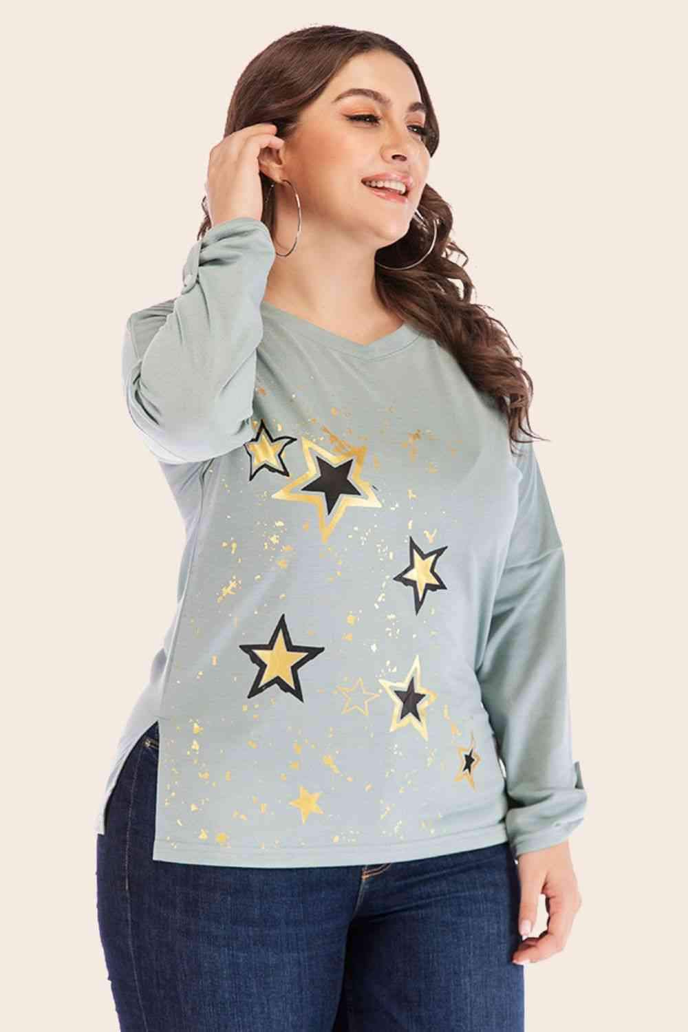 Full Size Star Graphic Slit Dropped Shoulder Top Women's T-Shirts - Tophatter Daily Deals