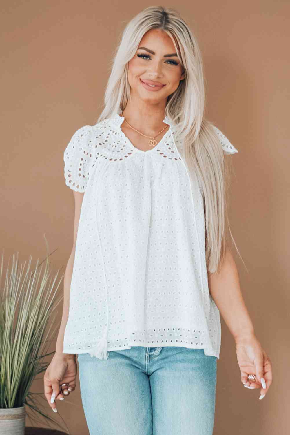 Eyelet Tassel Tie Flutter Sleeve Top - Tophatter Deals