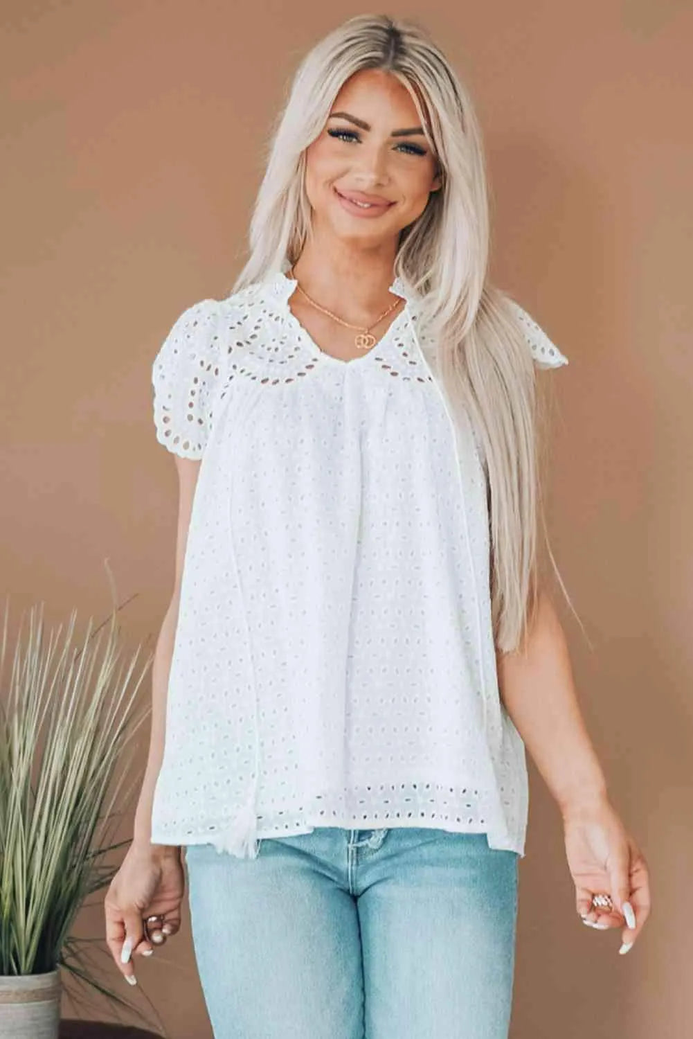Eyelet Tassel Tie Flutter Sleeve Top Blouses - Tophatter Daily Deals