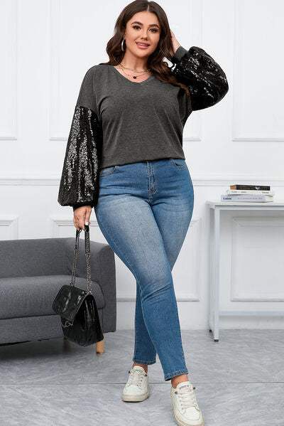 Plus Size Sequin Long Sleeve V-Neck Top Blouses - Tophatter Daily Deals