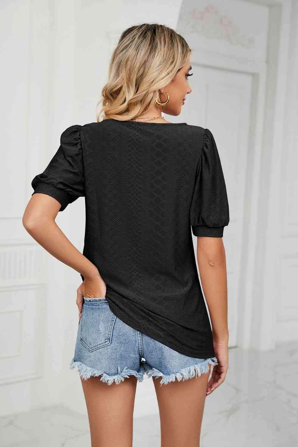 Eyelet Puff Sleeve Round Neck Top Blouses - Tophatter Daily Deals