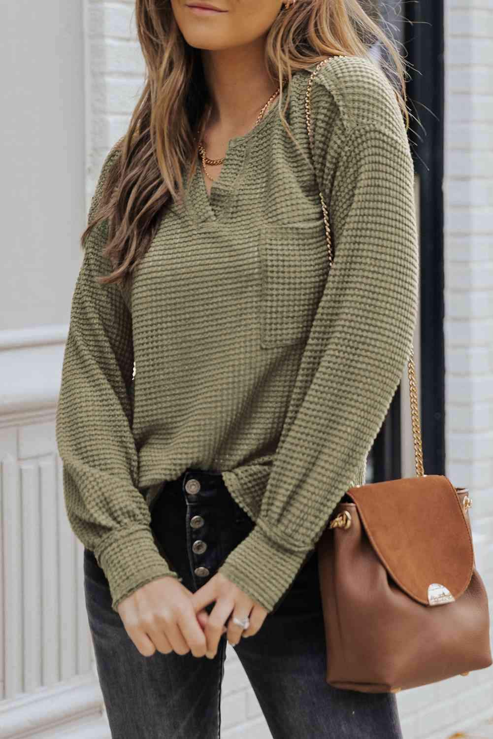 Waffle-Knit Notched High-Low Top Green Blouses - Tophatter Daily Deals