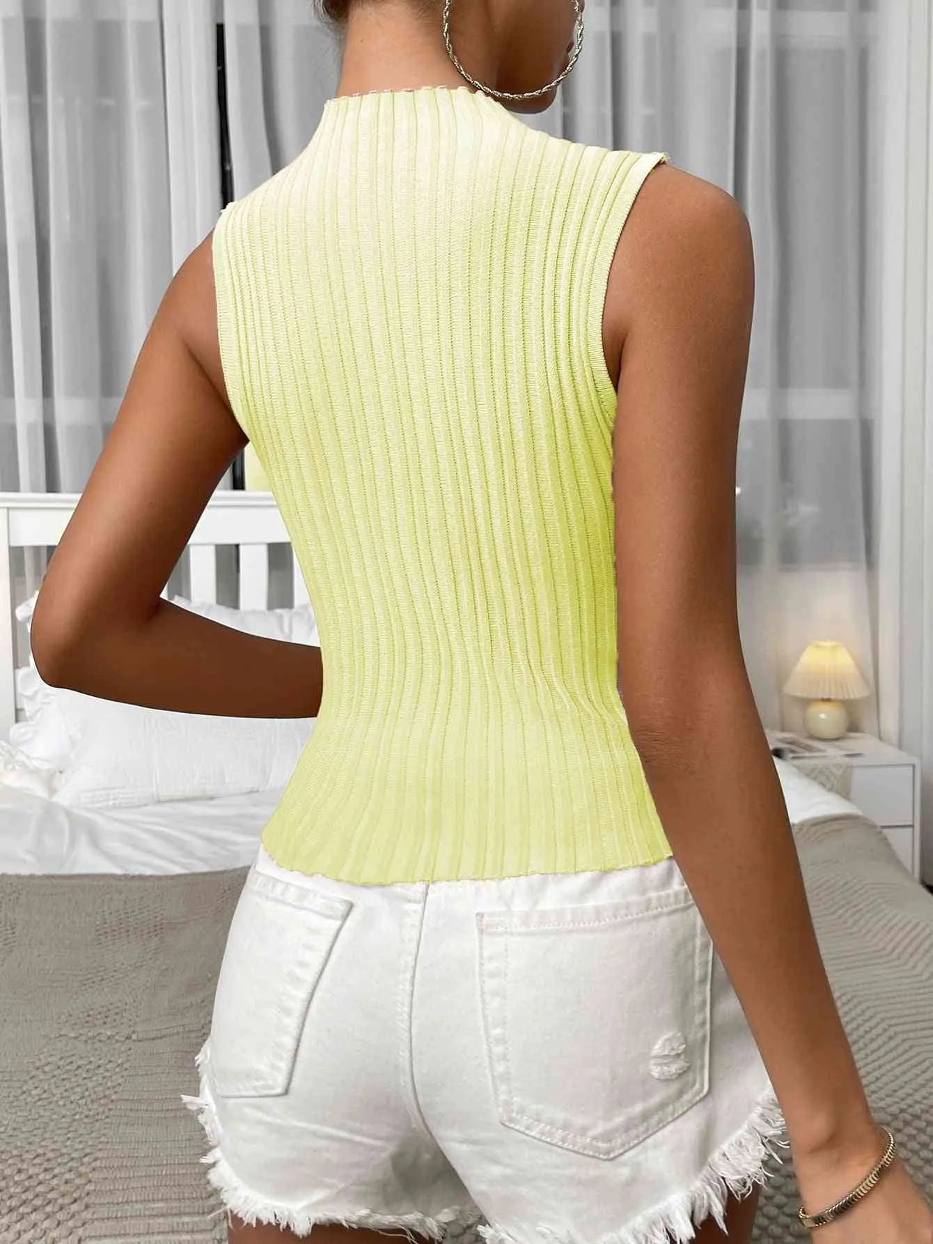 Mock Neck Ribbed Knit Tank Blouses - Tophatter Daily Deals