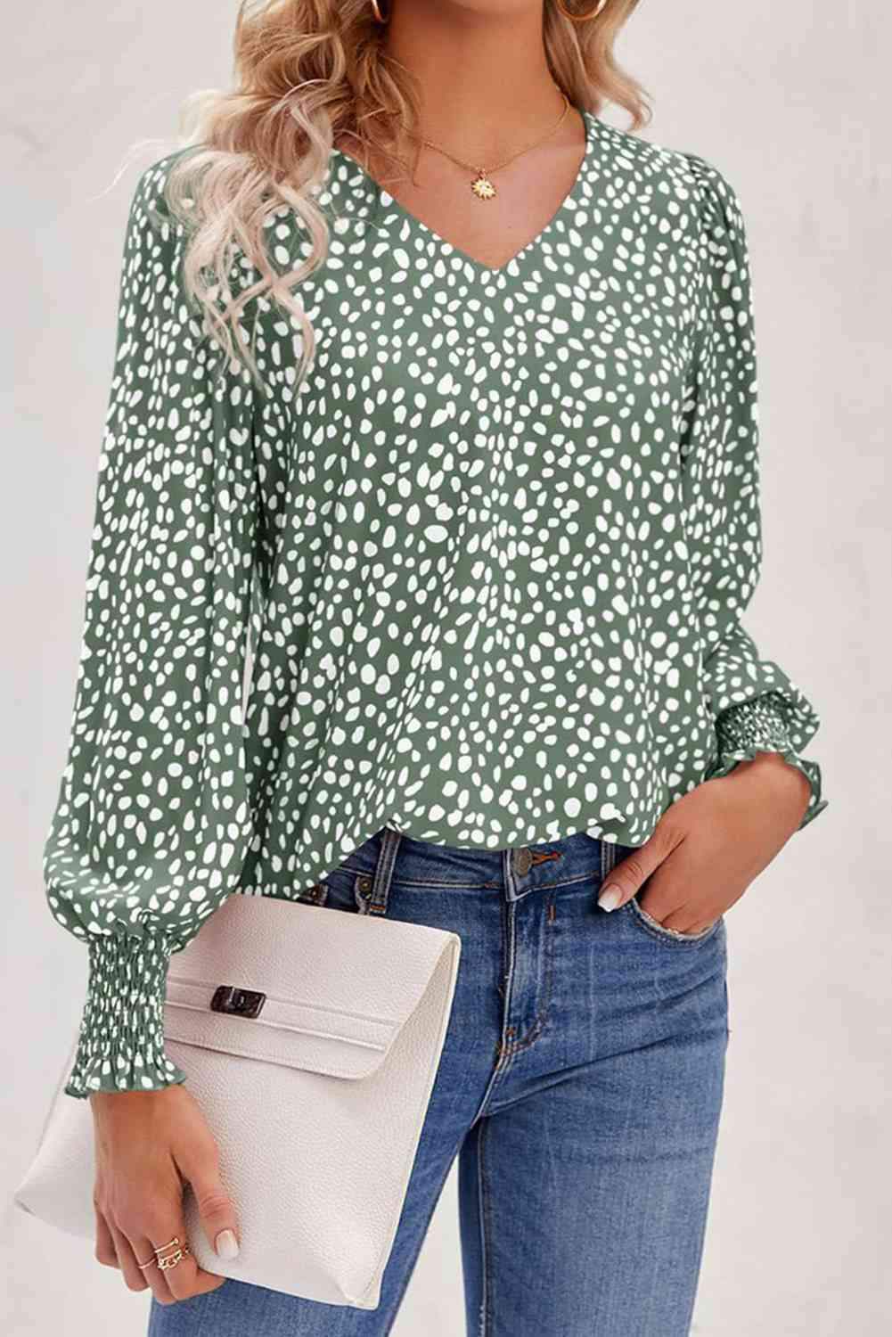 Printed V-Neck Smocked Lantern Sleeve Blouse Blouses - Tophatter Daily Deals