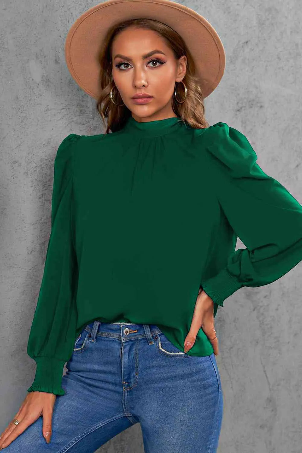 Mock Neck Puff Sleeve Blouse Blouses - Tophatter Daily Deals