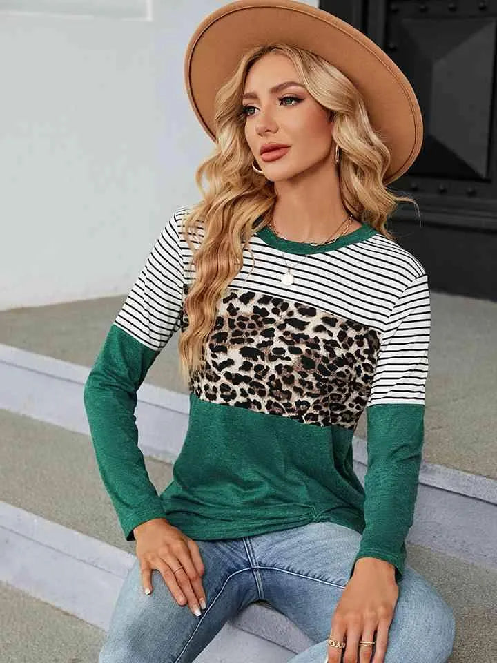 Color Block Round Neck Long Sleeve Blouse Blouses - Tophatter Daily Deals
