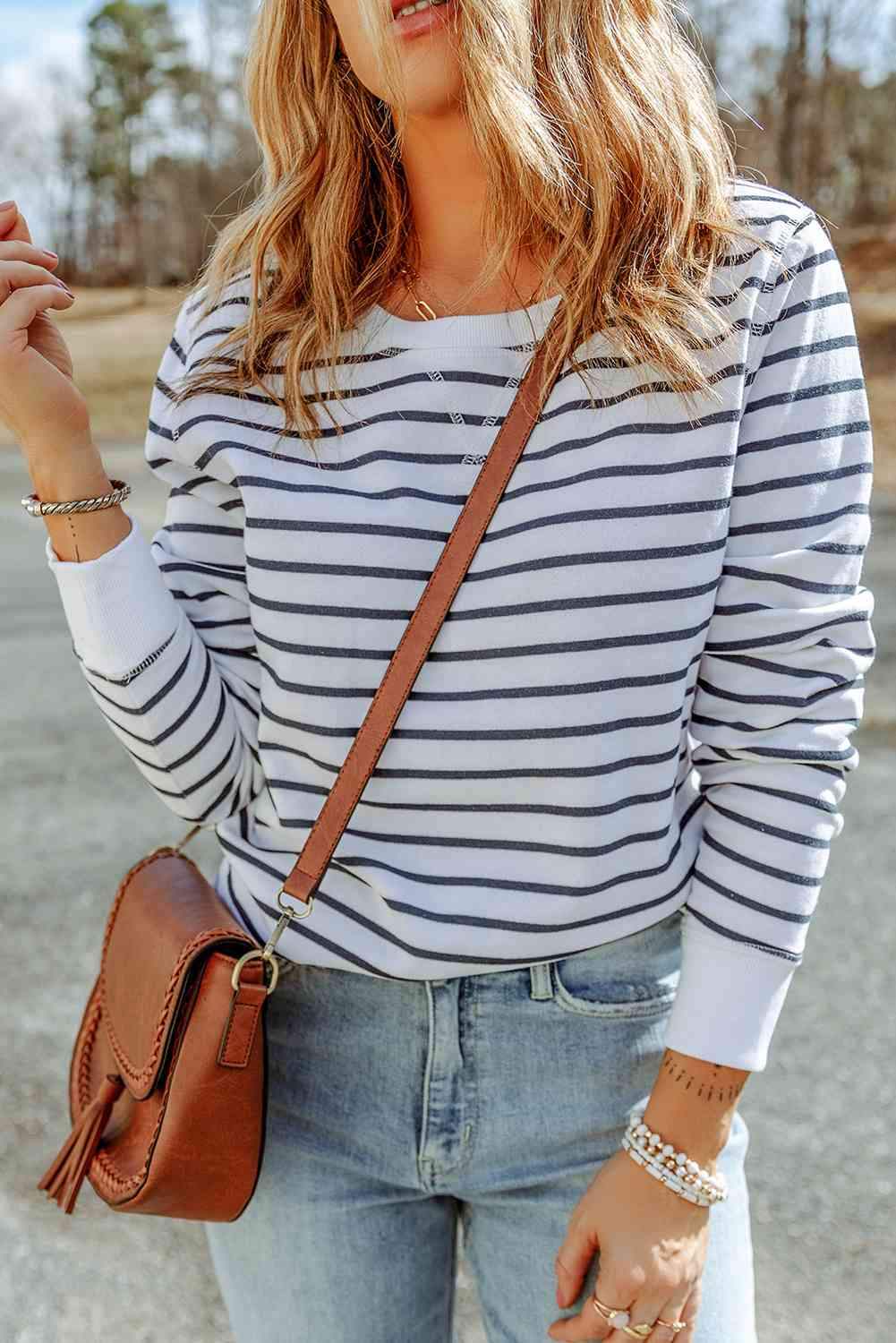 Striped Long Sleeve Round Neck Top Blouses - Tophatter Daily Deals