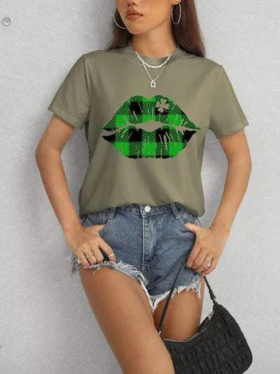 Plaid Lip Graphic Round Neck T-Shirt Women's T-Shirts - Tophatter Daily Deals